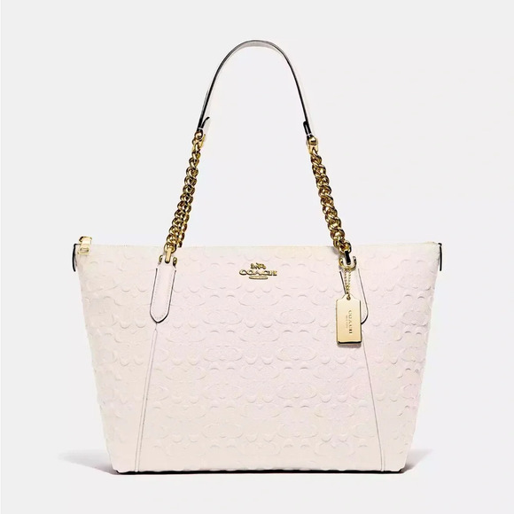 Coach Ava Chain Tote Stunning Debossed Signature Leather In Chalk - Picture 1 of 12